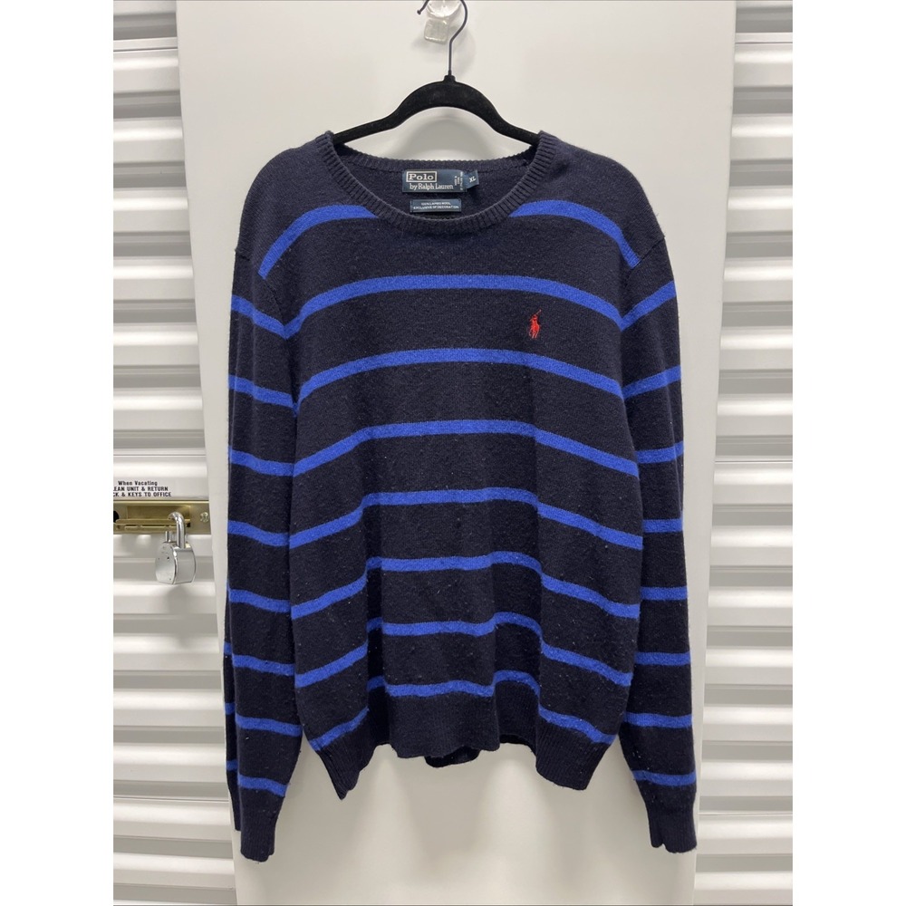 POLO RALPH LAUREN 100% Lambs Wool Sweater XL Mens  Navy Blue/ Blue Stripe